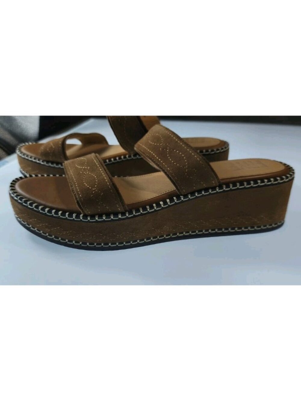 Frye Joy Woodstock 2 Band Platform Slide Sandal Bark Suede Womens Size 10 NWOB